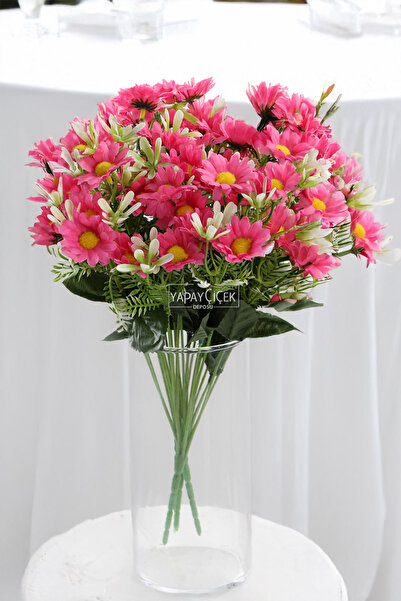Yapay Çiçek Deposu Yapay 12li Yeşillikli Papatya Demeti Fuşya-(2 DEMET)