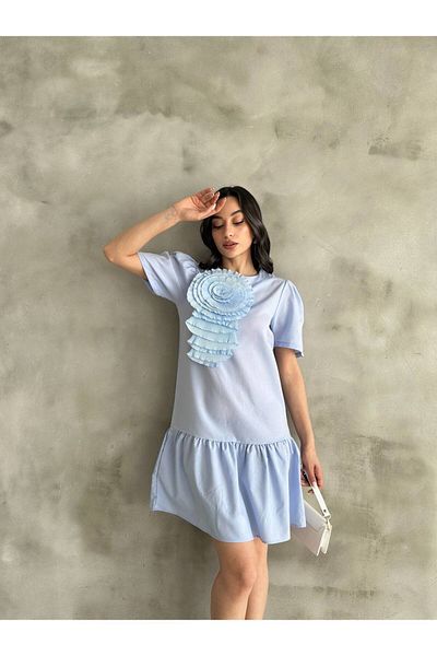 Cistern İstanbul Rochie scurtă de vară albastră de damă cu detaliu trandafir în față