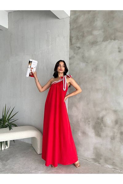 Cistern İstanbul Women's Red One Shoulder Lace Detailed Summer Dress