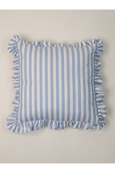 Galia Tasarım Blue - White Striped Frilly Flounce Pillow Case