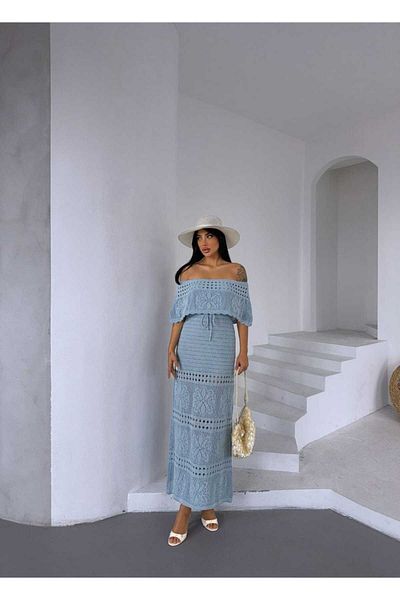Cistern İstanbul Women's Blue Madonna Collar Knitted Detailed Summer Knitwear Dress
