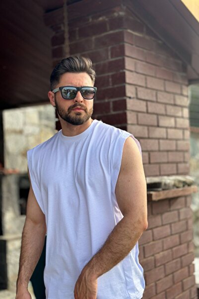 GUARAZ Men's White Basketball Zero Sleeve Crew Neck Oversize Sleeveless Kejil T-shirt