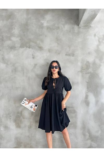 Cistern İstanbul Women's Black Front Lace Detailed Short Sleeve Summer Dress