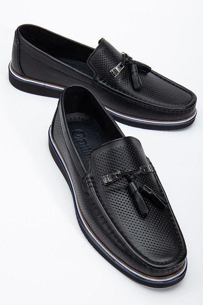 Dilimler Ayakkabı Genuine Leather Men's Casual Loafer Shoes Black Tasseled Eva Sole Printed