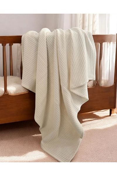 sabır home Knitted Patterned Baby Blanket, Cotton Children's Baby Blanket - Ecru Color - 100 X 110 cm
