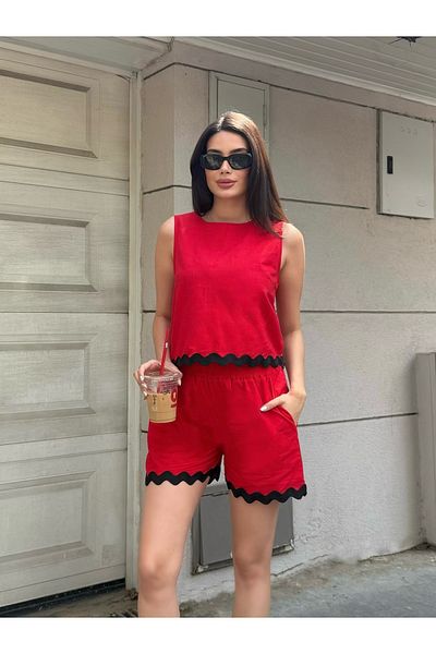 Cistern İstanbul Women's Red Hem Detailed Linen Blouse Shorts Double Bottom Top Set