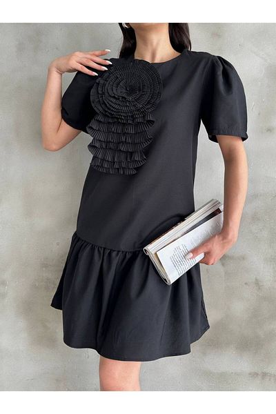 Cistern İstanbul Women's Black Short Summer Dress with Rose Detail on the Front