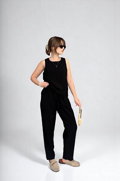 Cistern İstanbul Women's Black Woven Modal Fabric Blouse and Pants Two-Piece Bottom Top Set