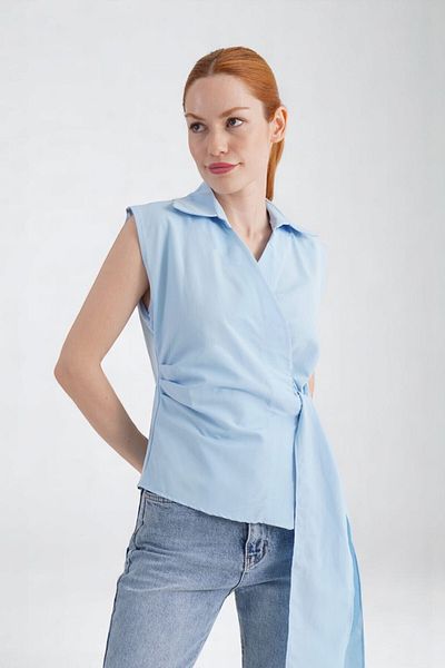 Cistern İstanbul Women's Blue Collar Side Tie Detailed Sleeveless Poplin Woven Fabric Shirt