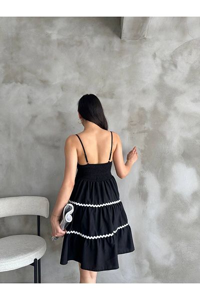 Cistern İstanbul Women's Black Rope Strap Summer Dress with Stripe Detail