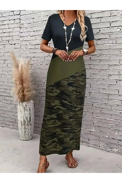 anizmir Rochie de damă cu mânecă scurtă, cu decolteu, multicolor, maxi viscoză