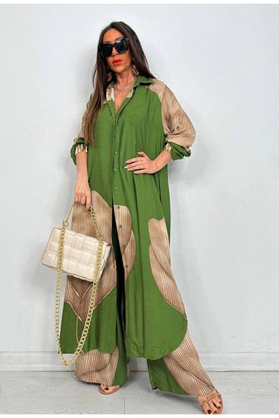 QUAWEAR Oversize Shirt Collar, Long Tunic with Side Slits and Wide Leg Trousers with Side Pockets, Two-Piece Set