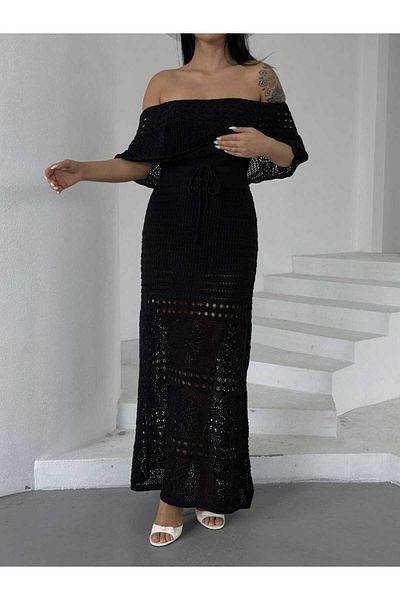 Cistern İstanbul Women's Black Madonna Collar Knitted Detailed Summer Knitwear Dress
