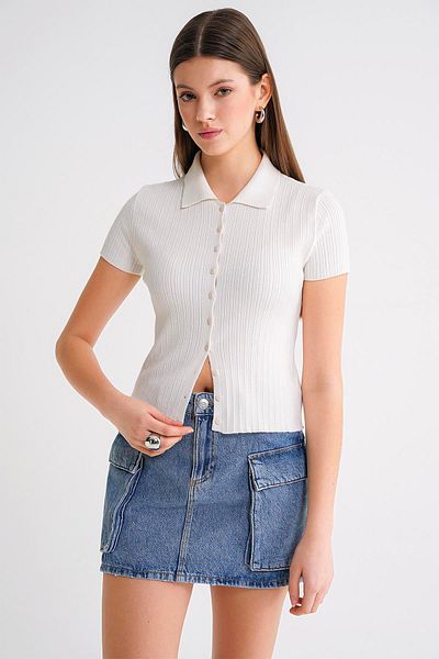 Mixray 6932 Women's Buttoned Ribbed Polo Neck Knitwear Cardigan White