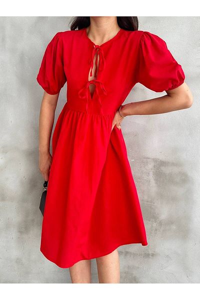 Cistern İstanbul Women's Red Front Lace Detailed Short Sleeve Summer Dress