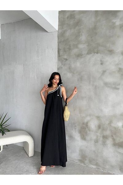 Cistern İstanbul Women's Black One Shoulder Lace Detailed Summer Dress