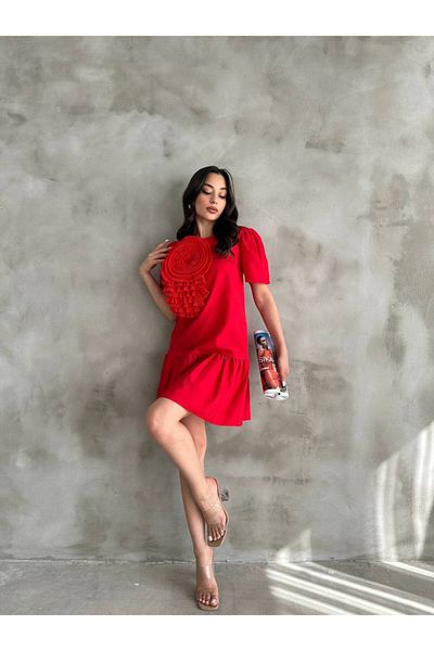 Cistern İstanbul Women's Red Short Summer Dress with Rose Detail on the Front