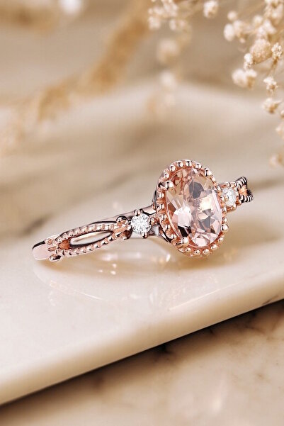 My Diamond Liza Model Morganit Ve Pırlanta Vintage Yüzük Rose Altın