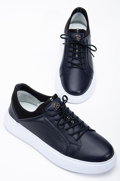 Dilimler Ayakkabı Genuine Leather Men's Casual Shoes Navy Blue Stretch and Elastic Laced Eva Sole