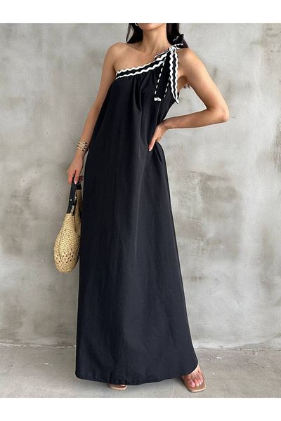 Cistern İstanbul Women's Black One Shoulder Lace Detailed Summer Dress