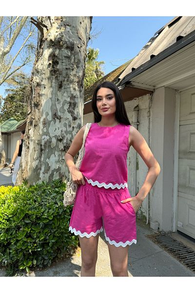 Cistern İstanbul Women's Fuchsia Hem Detailed Linen Blouse Shorts Double Bottom Top Set