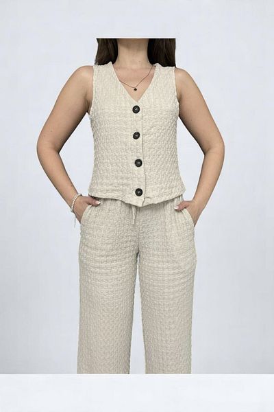 Cistern İstanbul Women's Cream Buttoned Vest and Pants Set with Two-Piece Bottom Top