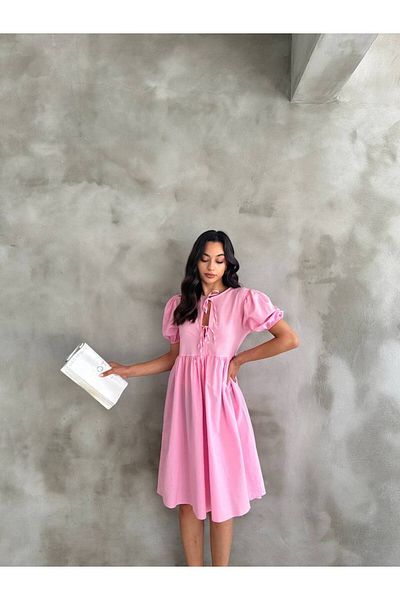 Cistern İstanbul Women's Pink Front Lace Detailed Short Sleeve Summer Dress