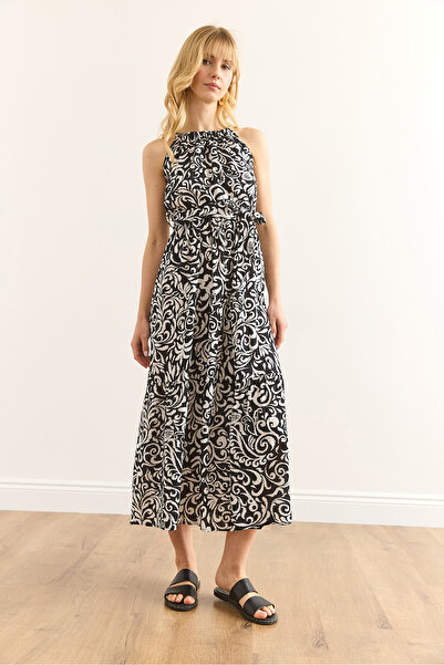 Olalook Women Shawl Black Halter Collar Belted Woven Viscon Dress Elb-19001548