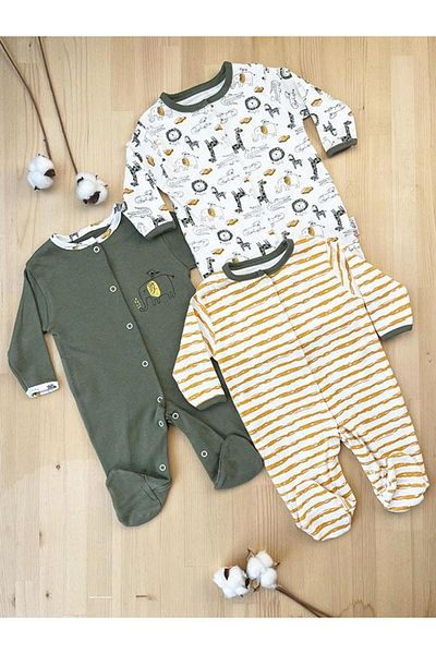 DEFNE LİNA BABY Baby Boy Outfit Safari Patterned 3-Piece Jumpsuit Set with Colorful Booties Newborn 0-3-6-9 Months
