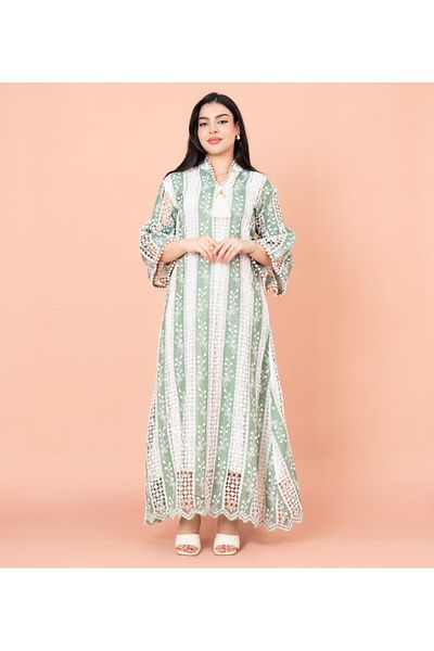 IKKXA Embroidered Green Striped Fustan