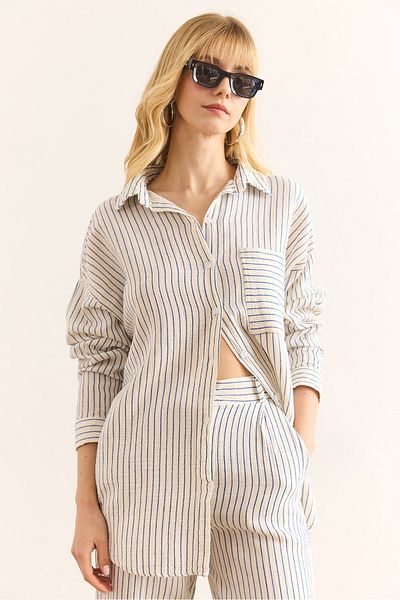 Olalook Cămașă de muselină cu dungi oversize albastră pentru femei GML-19001343