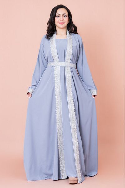 IKKXA Solid Embroidery Belted 2-Piece Kaftan