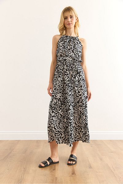Olalook Rochie de damă șal neagră cu guler Halter cu centură țesută din viscoză ELB-19001548