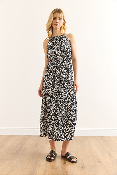 Olalook Women Shawl Black Halter Collar Belted Woven Viscon Dress Elb-19001548