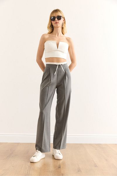 Olalook Women's Smoked Boxer Detailed Drawstring Pocket Palazzo Pants Pnt-19000315