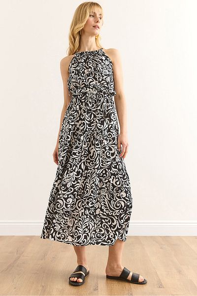 Olalook Rochie de damă șal neagră cu guler Halter cu centură țesută din viscoză ELB-19001548