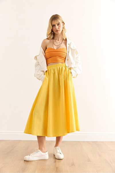 Olalook Kadın Sarı Cepli Beli Lastikli Midi Dokuma Çan Etek ETK-19000271