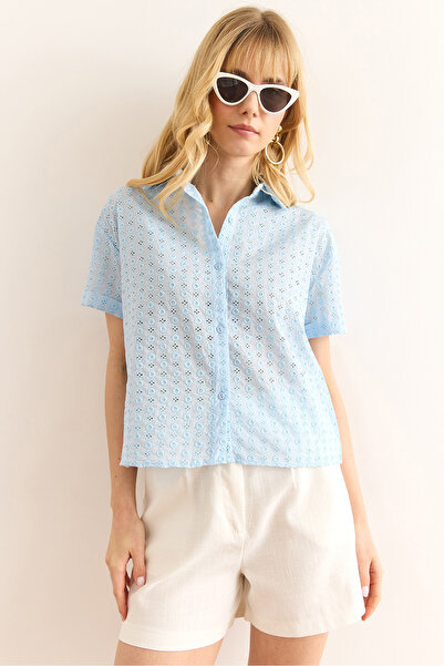 Olalook Women's Baby Blue Double Sleeve Scallop Shirt Gml-19001340