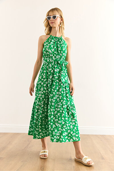 Olalook Women's Green White Floral Halter Neck Belted Woven Viscon Dress Elb-19001548