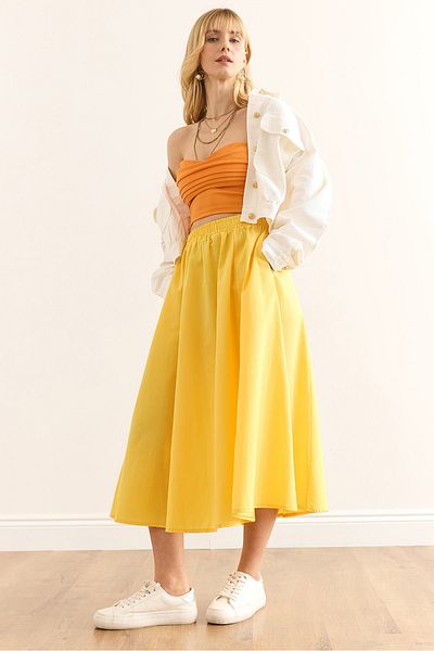 Olalook Women's Yellow Pocket Elastic Waist Midi Woven Bell Skirt Etk-19000271
