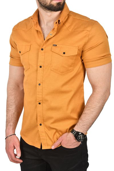 DeepSEA Ανδρικό μουσταρδί κίτρινο Slim Fit βαμβακερό κοντομάνικο πουκάμισο με εύκολο σιδέρωμα με τσέπες με κούμπωμα αθλητικά