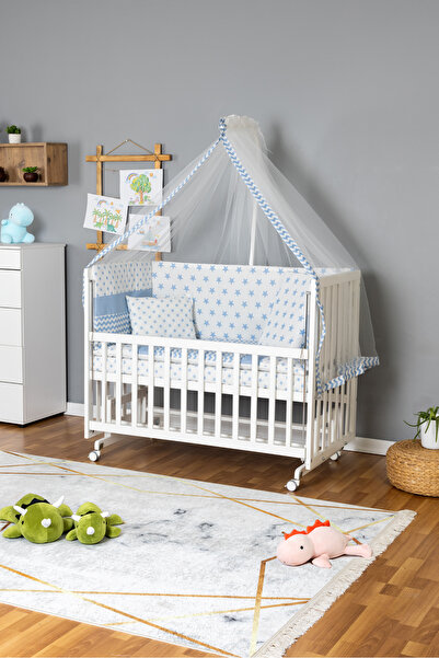 Bamgidoo Ahşap Beşik Anne Yanı Bebek Beşik 70x130 - Mavi Yıldız 1 Yastıklı Uy...