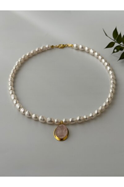 DURAN TAKI TASARIM Gerçek İnci Pembe Kuvars Taşlı Kolye