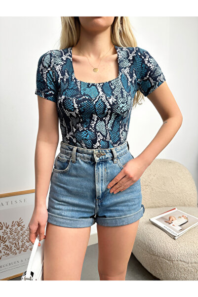 peralist Γυναικεία μπλούζα με τετράγωνο λαιμό με μακρύ μανίκι με σχέδιο βιζόν...