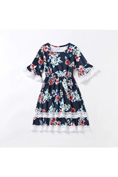 Superbaby Rochiță Bleumarin pentru Fetițe cu Imprimeu Floral și Mâneci cu Dan...