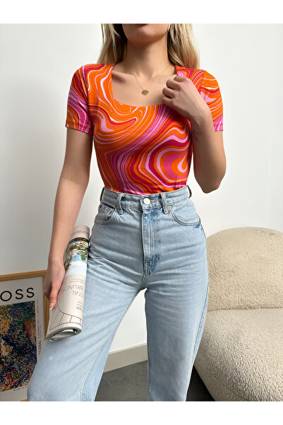 peralist Γυναικεία μπλούζα με τετράγωνο λαιμό μακρυμάνικο βιζόν πορτοκαλί με ...