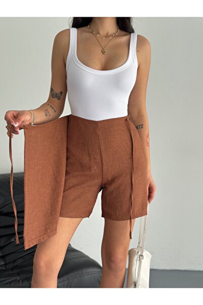 SBL COLLECTİON Linen Look Side Tie Shorts Skirt
