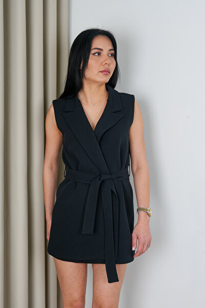 Stil Sepeti Women's Black Premium Double Breasted Collar Lined Belted Long Blazer Vest Drl- 100078556