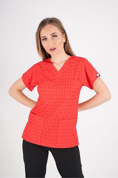 Nur Medikal Giyim Unisex Red Hearts Patterned Doctor Nurse Hospital Scrubs Top Uniform
