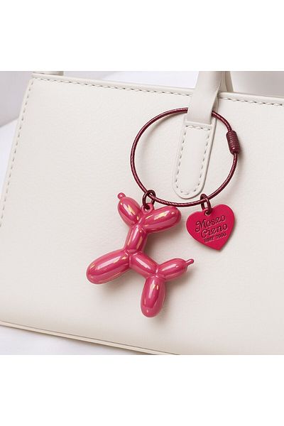 Fivy Bright Pearlescent Pink Color, Heart Detailed Balloon Dog Ring Charm, Keychain (3.5 X 4.5 cm)